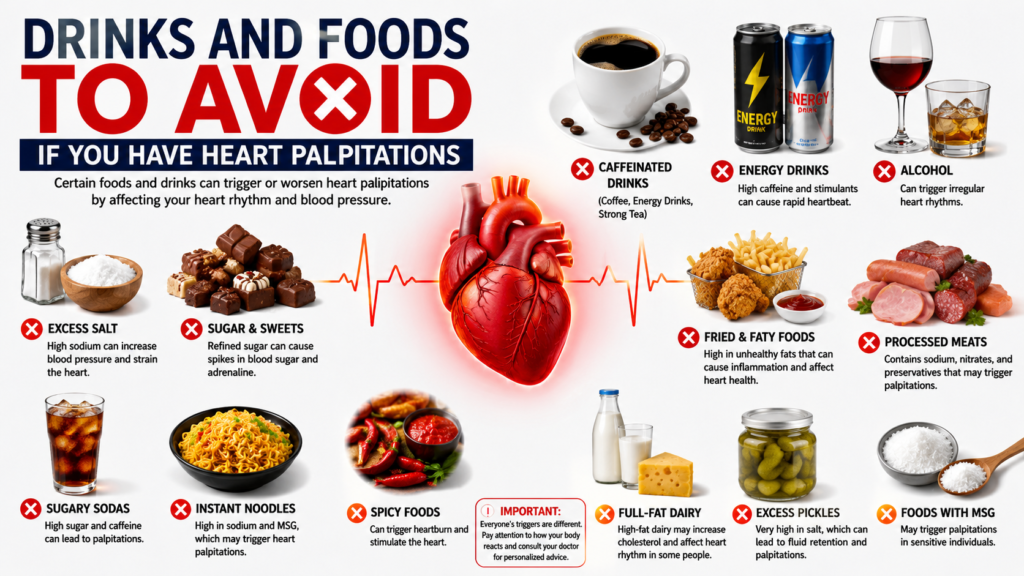 Drinks and foods to avoid if you have heart palpitations infographic showing caffeine, energy drinks, alcohol,