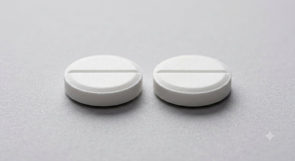 How Long Does Percocet Stay in Your System Two prescription tablets side by side representing the oxycodone and acetaminophen components of Percocet