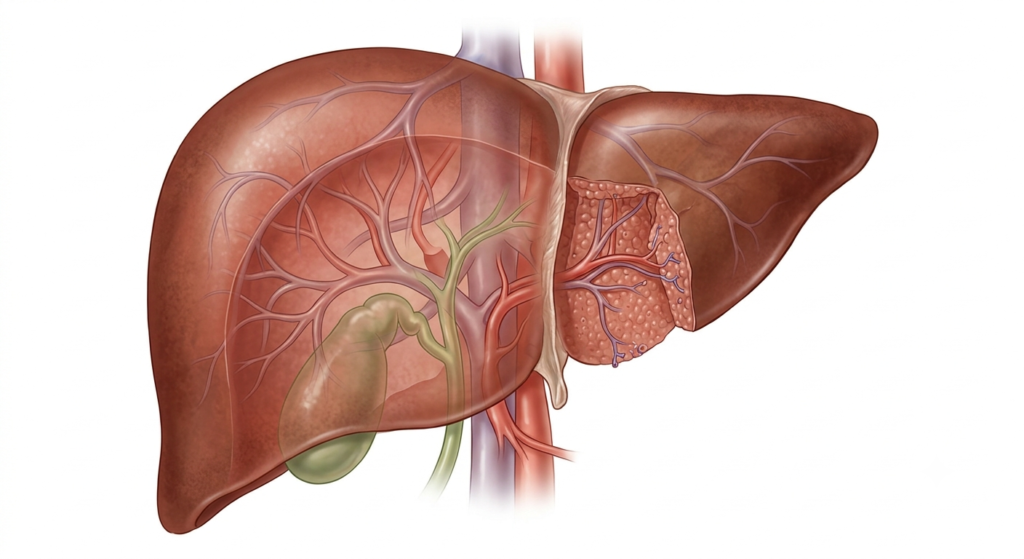 Anatomical illustration of the human liver
highlighting its role in metabolizing medication