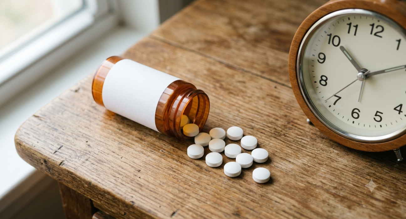 Prescription pill bottle with oxycodone-acetaminophen tablets spilled on a clock face, representing Percocet detection time