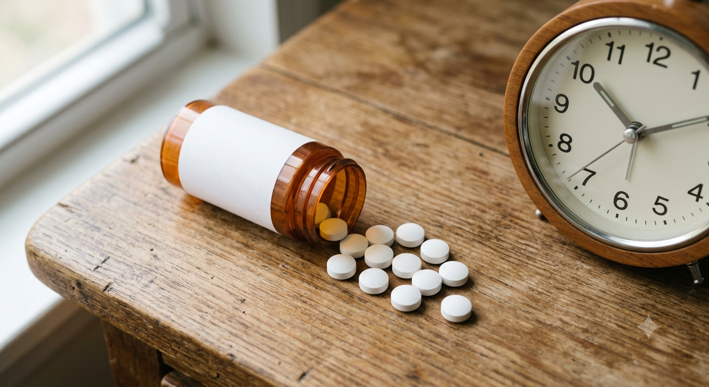 Prescription pill bottle with oxycodone-acetaminophen tablets spilled on a clock face, representing Percocet detection time