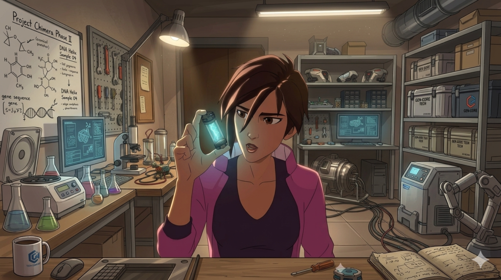 Anime scene of a woman inspecting a glowing blue canister.