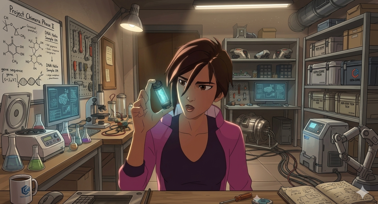 Anime scene of a woman inspecting a glowing blue canister.