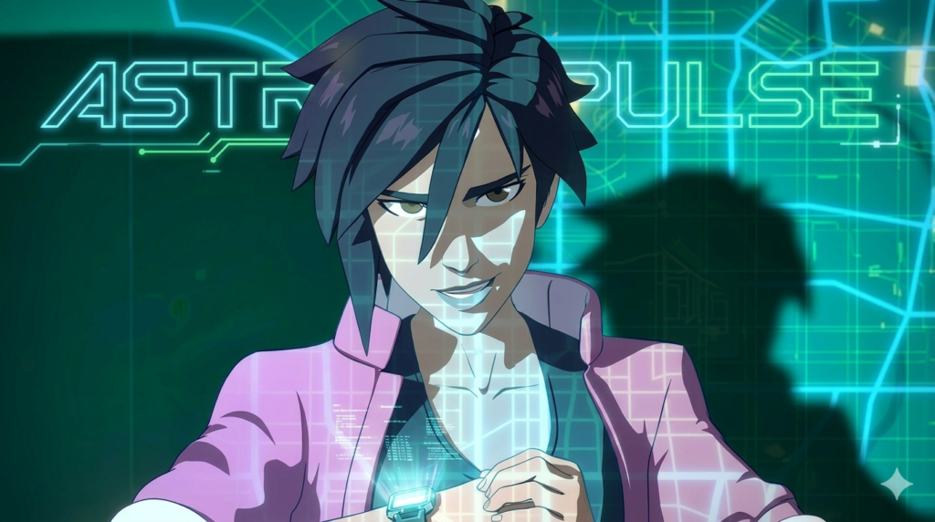 Anime girl smirking before a glowing blue tech screen.
