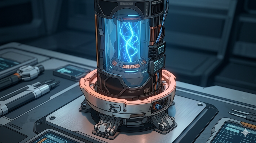 Futuristic canister astral pulse with crackling blue energy on a desk.