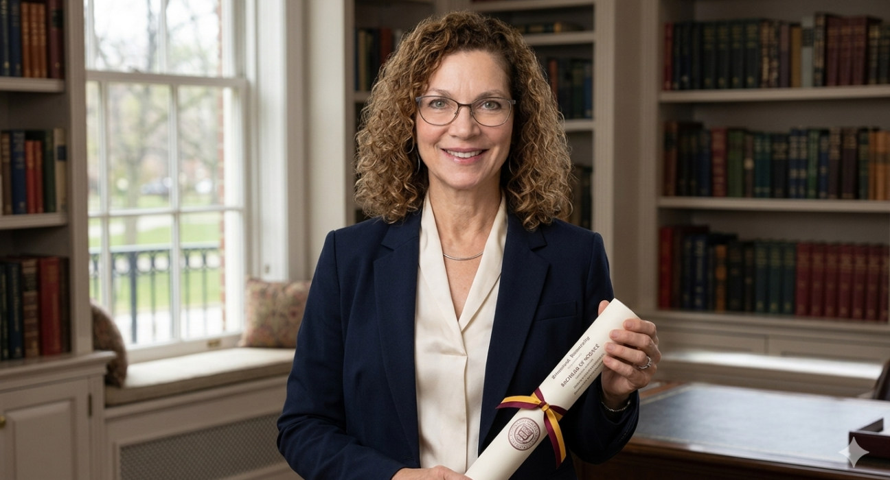 Woman in a navy suit holding a rolled degree certificate.