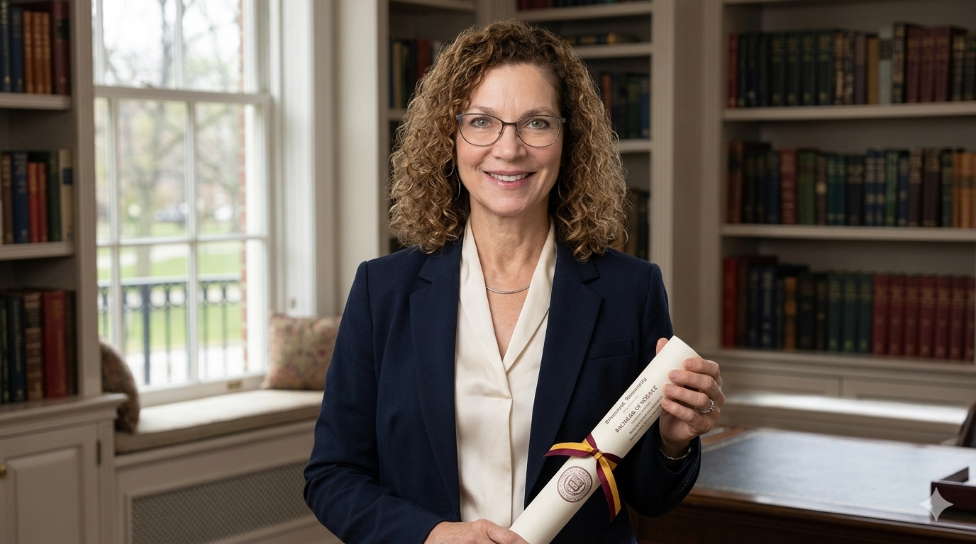 Woman in a navy suit holding a rolled degree certificate.