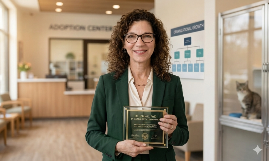 Donna Sicuranza Qualification in a green suit holding a leadership certificate.
