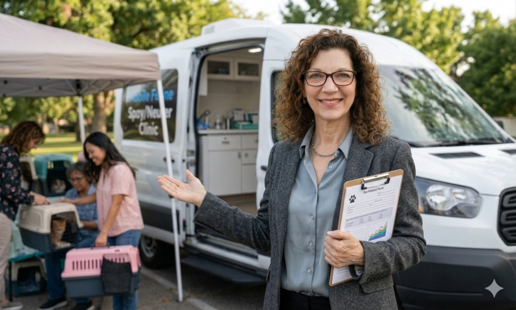 Woman in a grey blazer gesturing toward a mobile clinic.