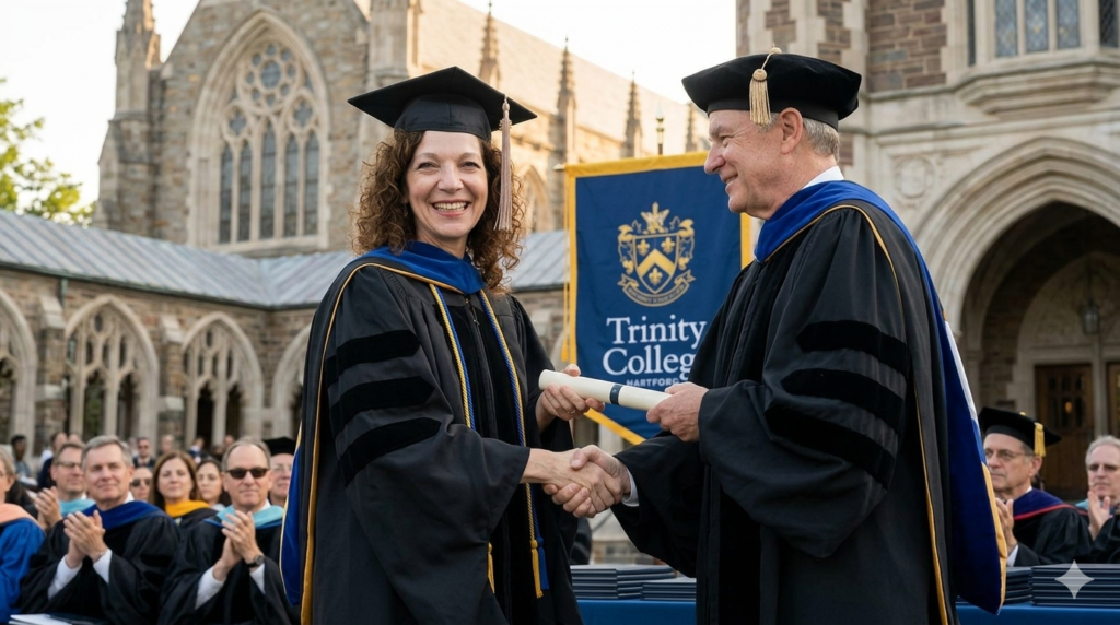 Smiling woman in academic regalia receiving a diploma.