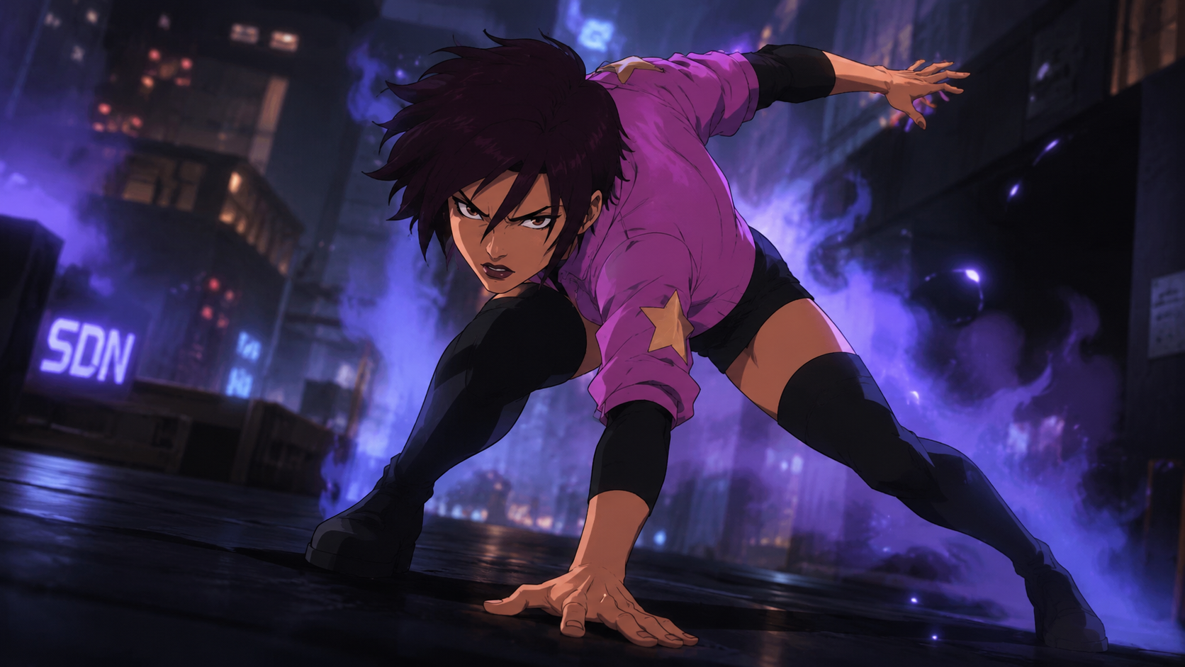 Invisigal from Dispatch in a stealth action pose with purple energy in a futuristic nighttime city.