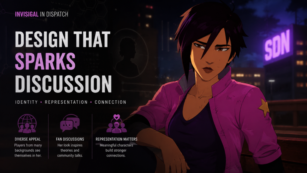 Invisigal from Dispatch showing her distinctive character design in a nighttime city scene.
