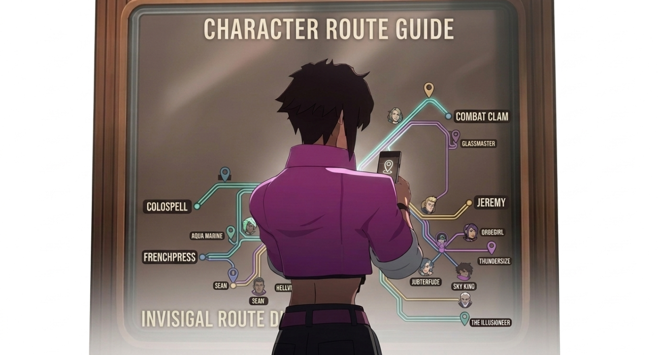 Character viewing a digital network node route map on a large board.
