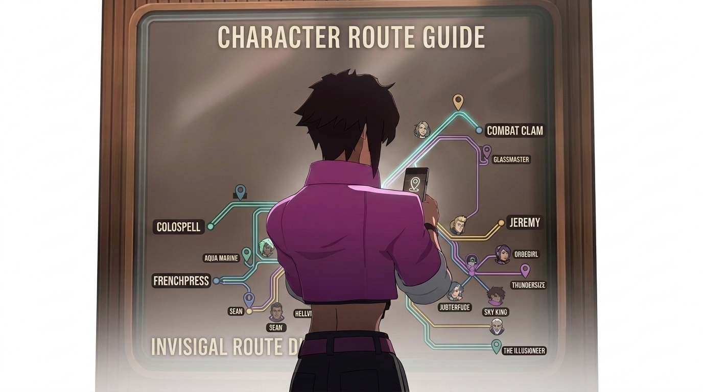 Character viewing a digital network node route map on a large board.