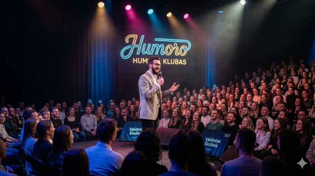 Vaidotas Siozinis performing stand-up comedy on stage.