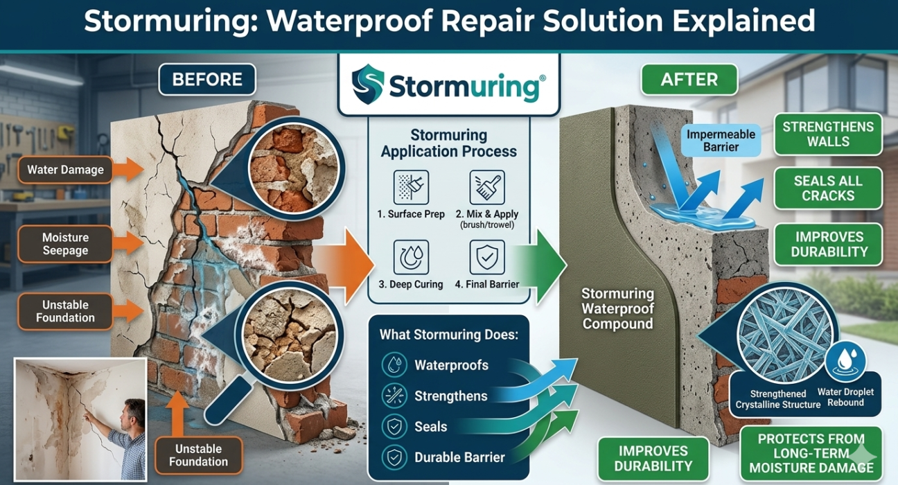 Side-by-side comparison of a cracked, leaking concrete basement wall being sealed with a thick waterproof repair material.
