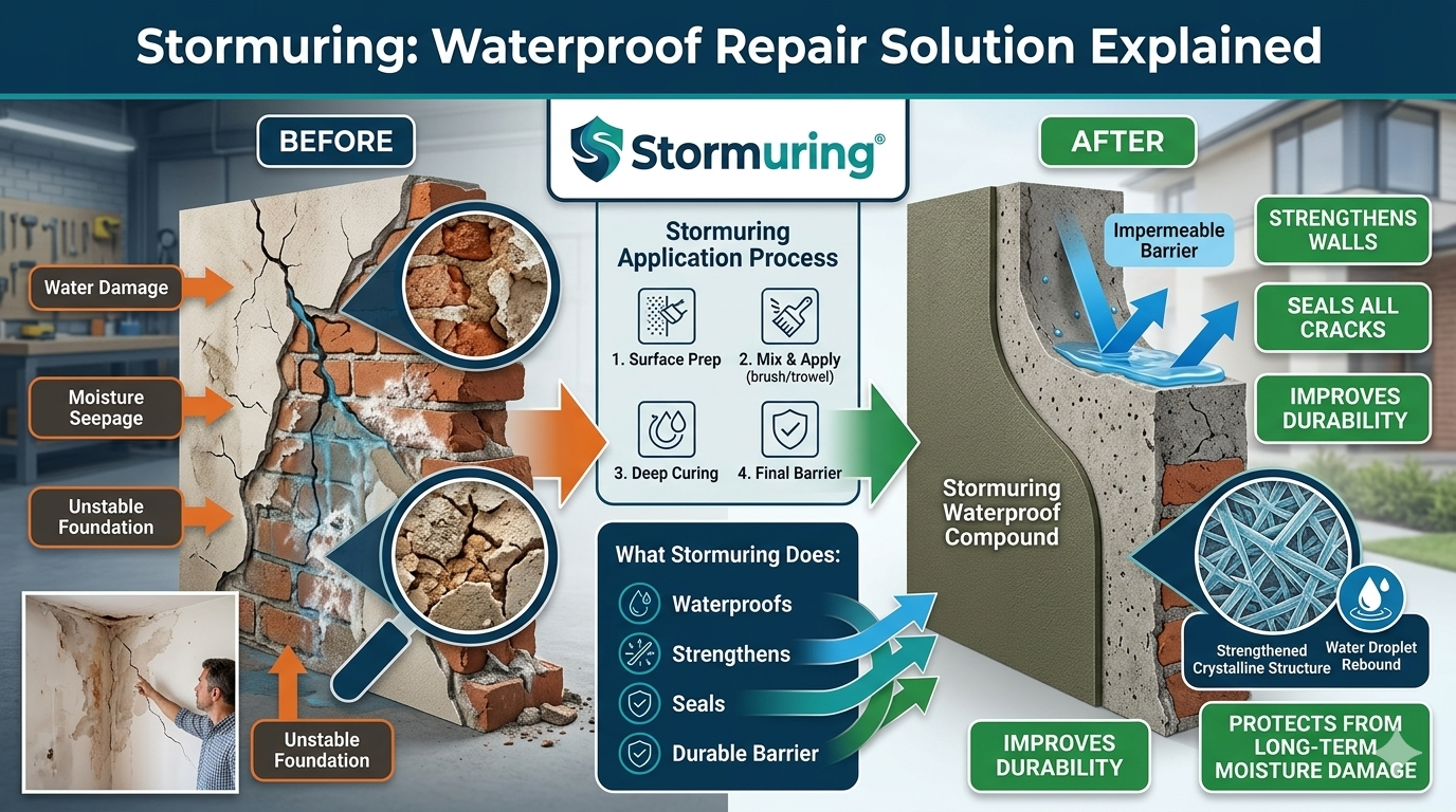 Side-by-side comparison of a cracked, leaking concrete basement wall being sealed with a thick waterproof repair material.