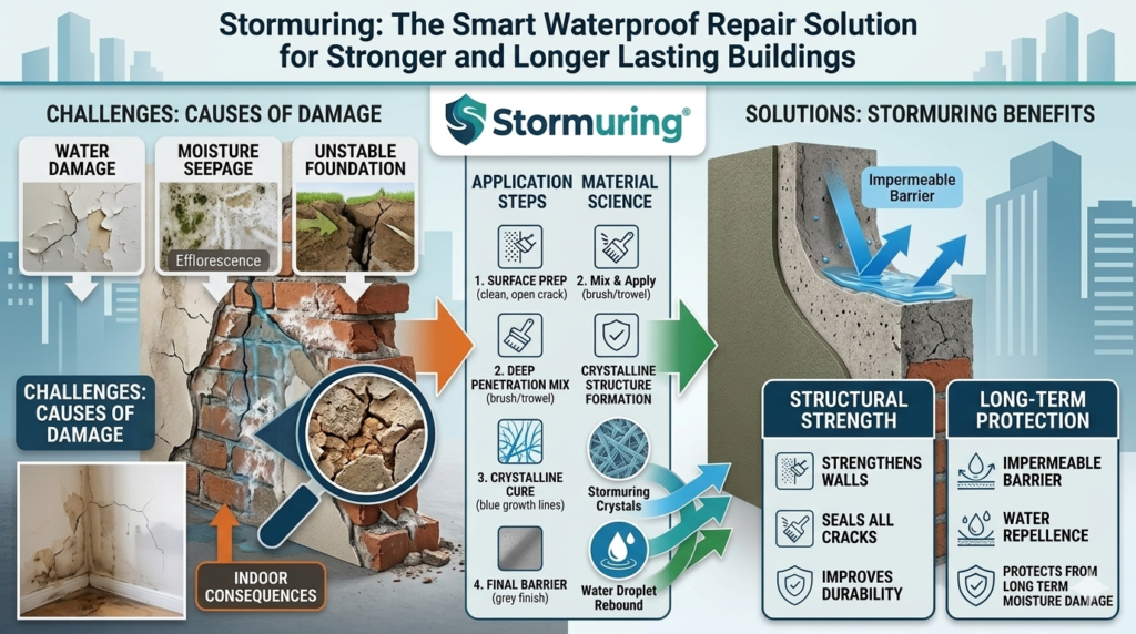 Diagram showing causes of masonry water damage compared to a wall treated with Stormuring crystalline waterproofing.