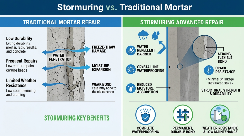 Infographic comparing traditional mortar cracking from moisture to Stormuring forming a dense waterproof bond.