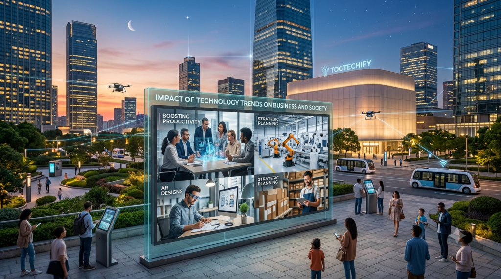 Futuristic city park with large interactive display screen.