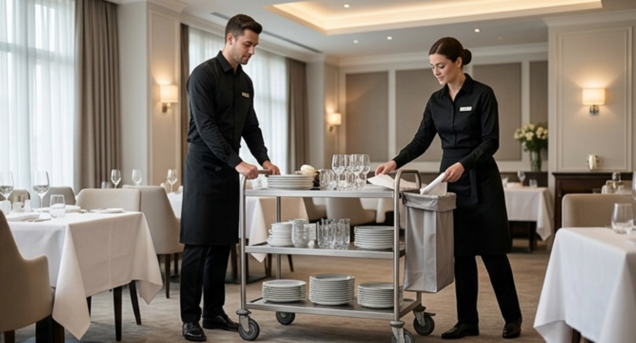 Hotel staff using an afruimwagen trolley to clear tables.
