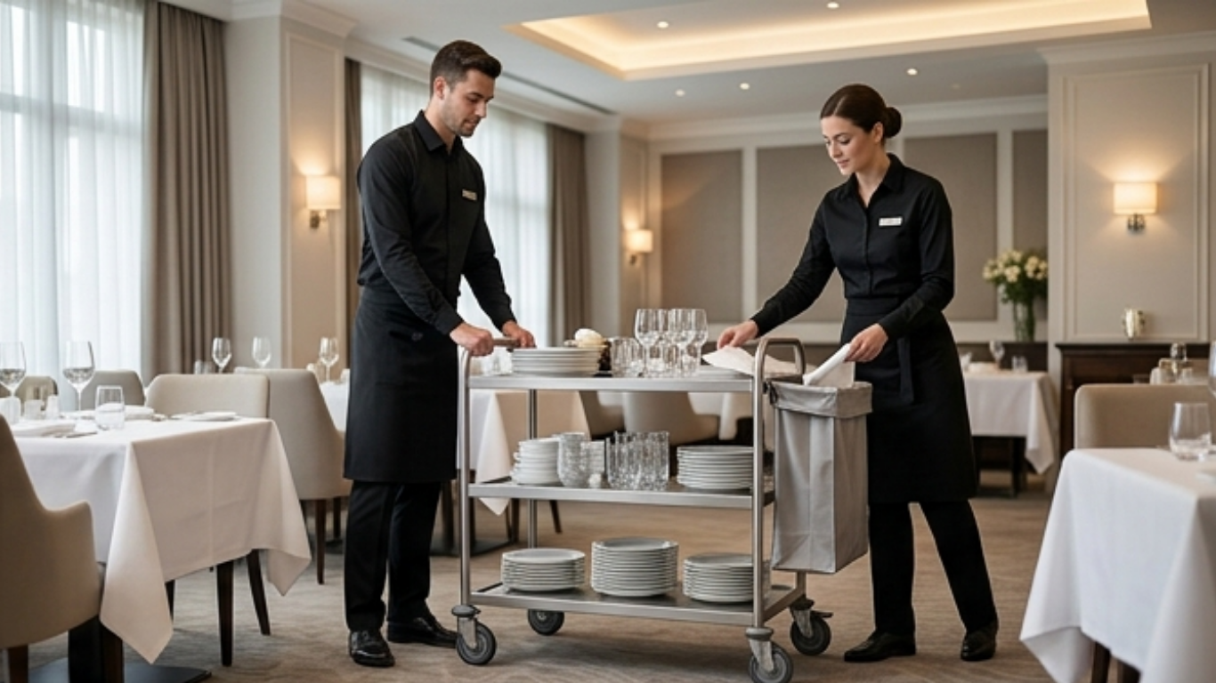 Hotel staff using an afruimwagen trolley to clear tables.