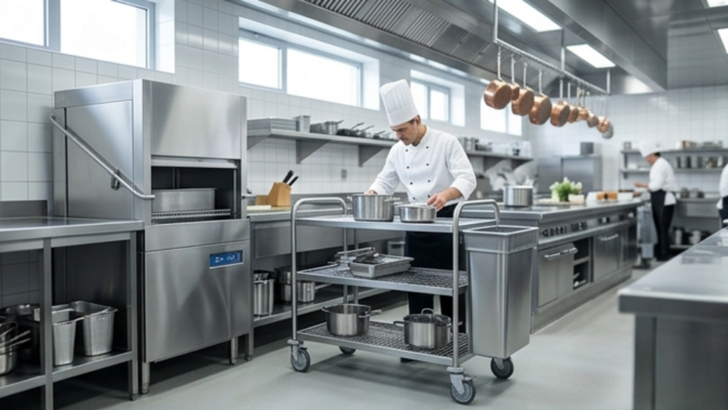 Chef using stainless steel afruimwagen in commercial kitchen.