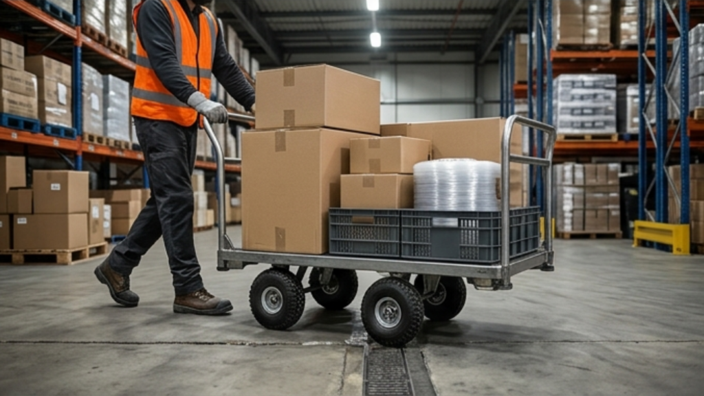 Warehouse worker pushing heavy boxes on a utility cart Afruimwagens.