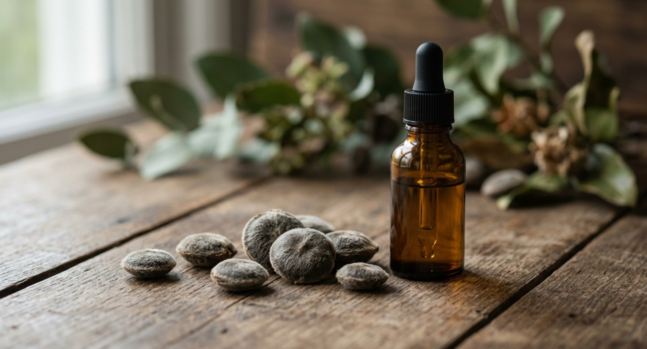 top of the article Nux vomica seeds beside a homeopathic remedy bottle