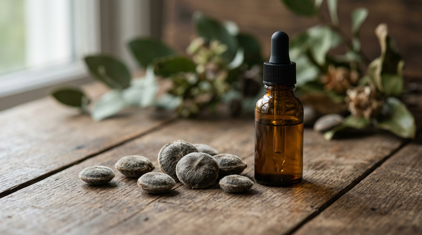 top of the article Nux vomica seeds beside a homeopathic remedy bottle