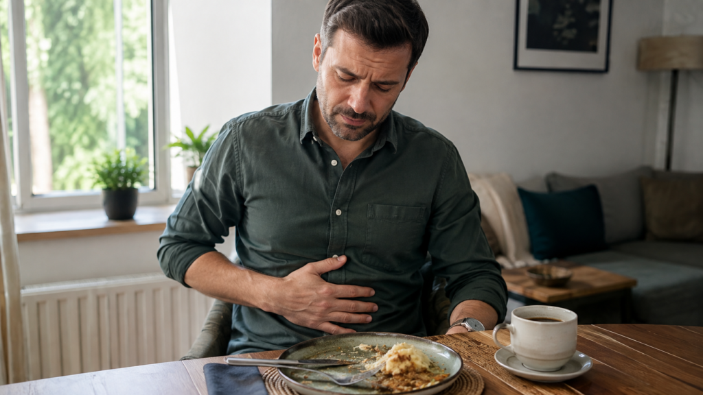 Person experiencing digestive discomfort after a heavy meal