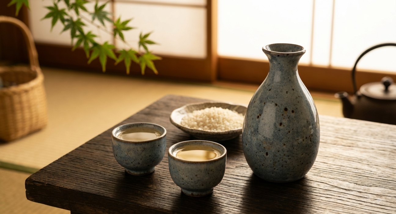 Japanese beverage sake served in traditional ceramic tokkuri and ochoko cups