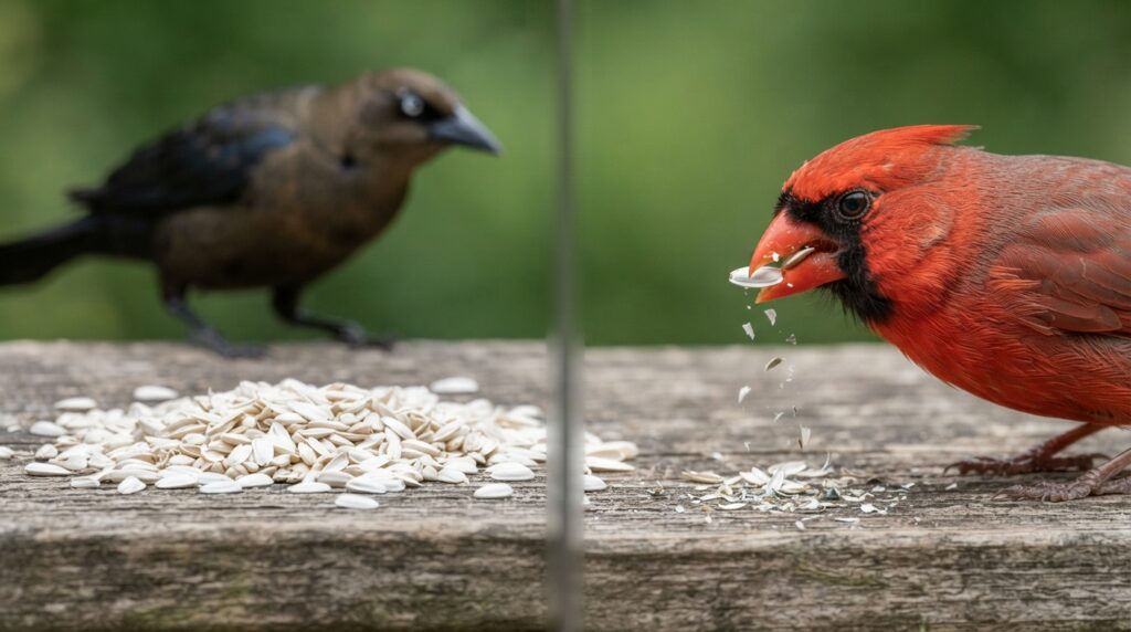 Grackle avoiding safflower seed on left, Cardinal eating safflower seed on right