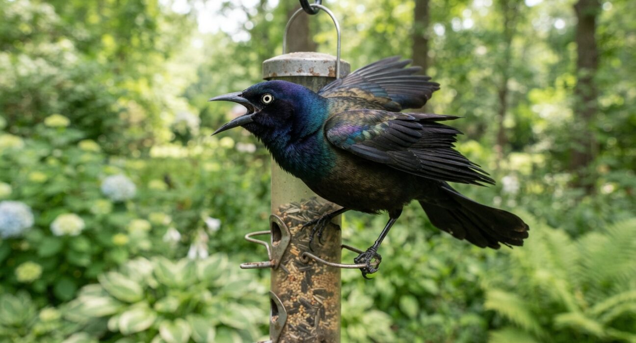 How to Keep Grackles Away From Bird Feeders — Common Grackle perched dominantly on tube feeder