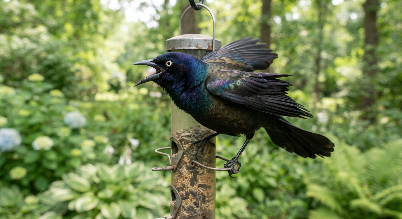 How to Keep Grackles Away From Bird Feeders — Common Grackle perched dominantly on tube feeder