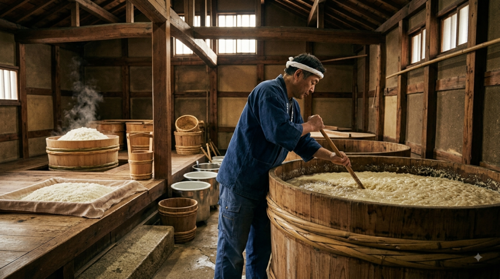 Traditional Japanese beverage sake brewing with rice, koji and fermentation tanks