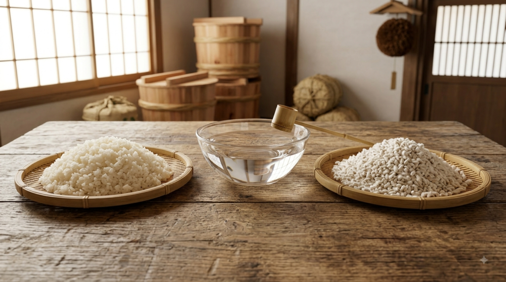 Japanese beverage sake made from rice, water and koji