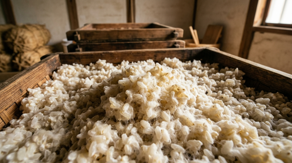 Koji mold growing on steamed rice for Japanese beverage sake brewing