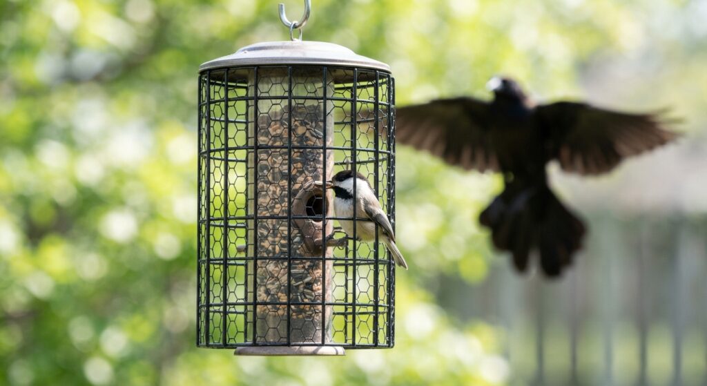 Chickadee feeding through caged wire mesh bird feeder blocking larger grackle