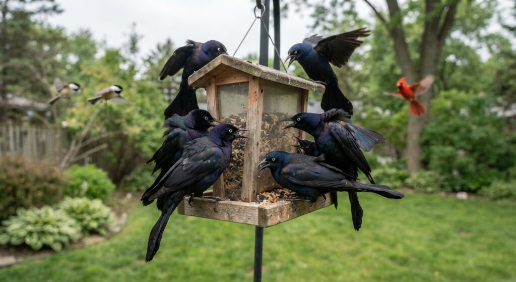 How to Keep Grackles Away From Bird Feeders — flock of grackles crowding feeder while Chickadee and Cardinal wait nearby