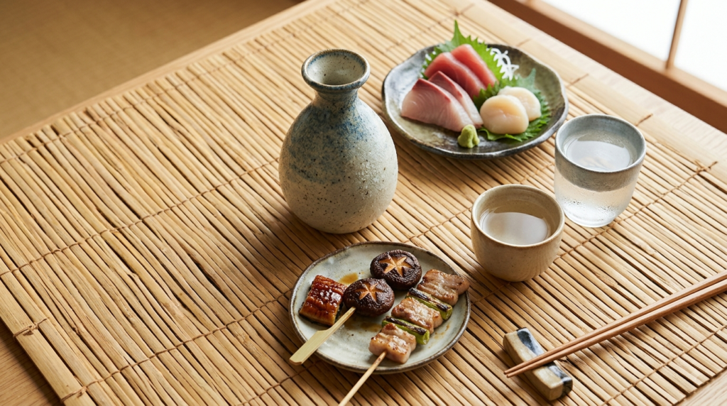 Japanese beverage sake served warm and chilled with traditional vessels and Japanese food
