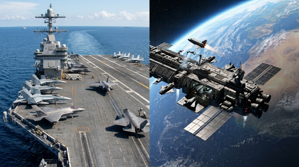 Naval aircraft carrier compared with an orbital carrier spacecraft