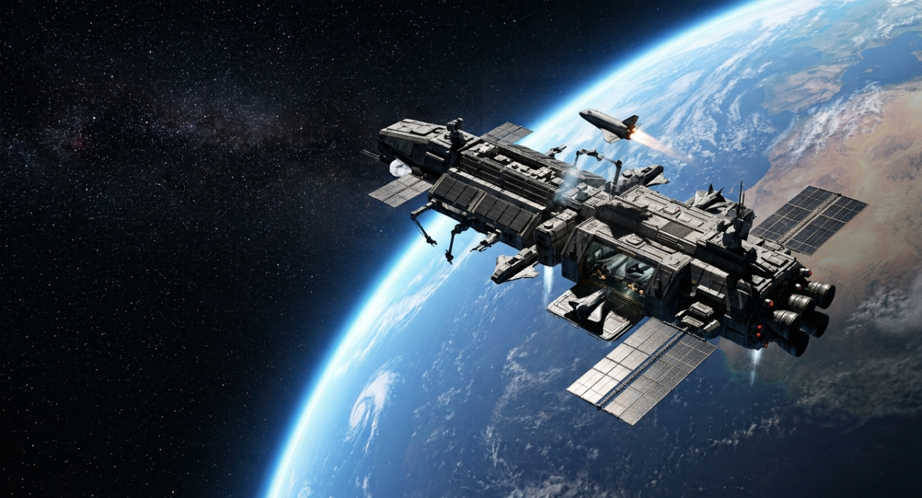 Space Force orbital carrier spacecraft above Earth with smaller spacecraft
