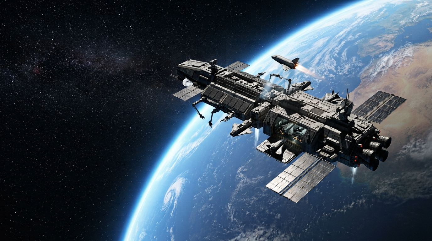 Space Force orbital carrier spacecraft above Earth with smaller spacecraft