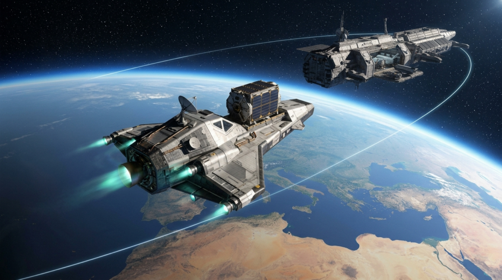 Orbital transfer vehicle carrying a payload between Earth orbits