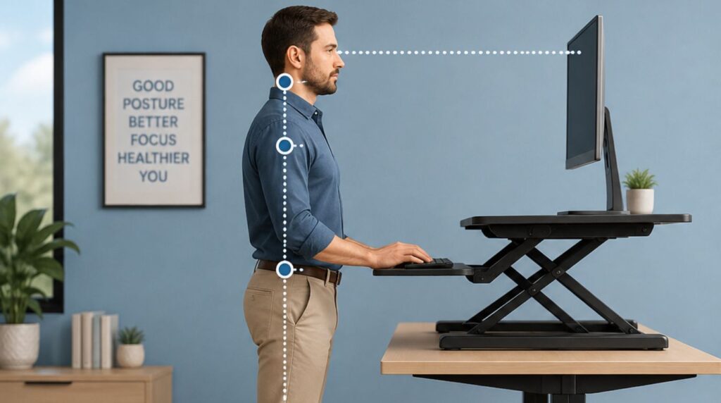 A man demonstrating proper ergonomic standing posture at a standing desk converter, with graphics showing eye-level screen alignment and straight spinal posture.
