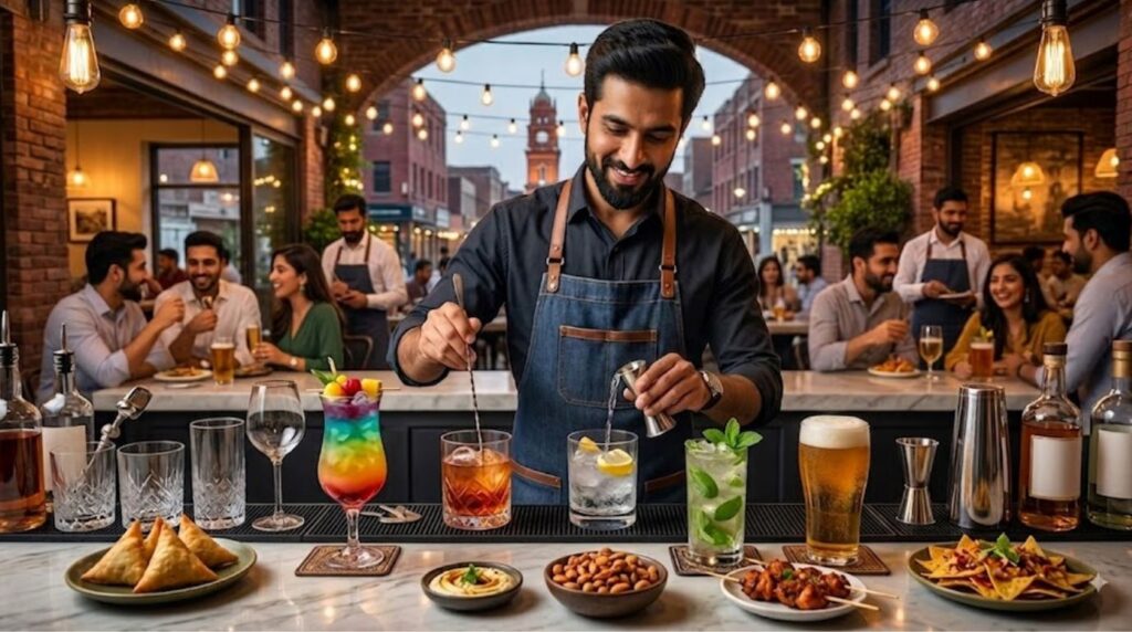 Happy hour bartender serving drinks and tasty appetizers