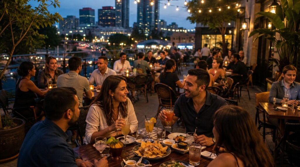 Happy hour dining with friends, drinks and tasty appetizers