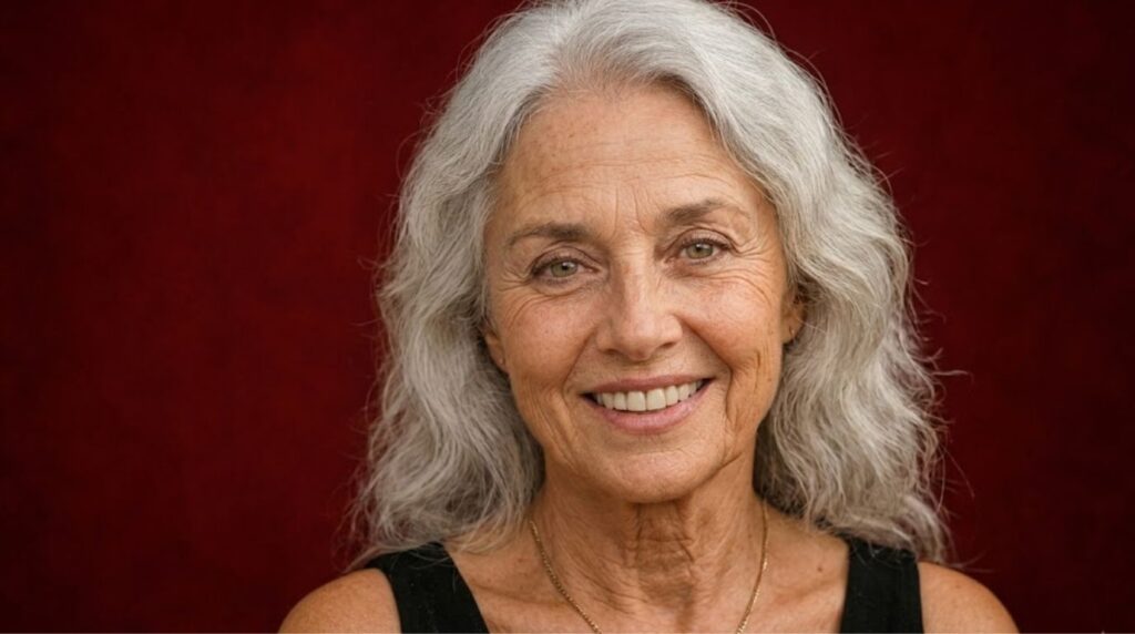 Portrait of smiling Jeannine Belleguic with long gray hair.