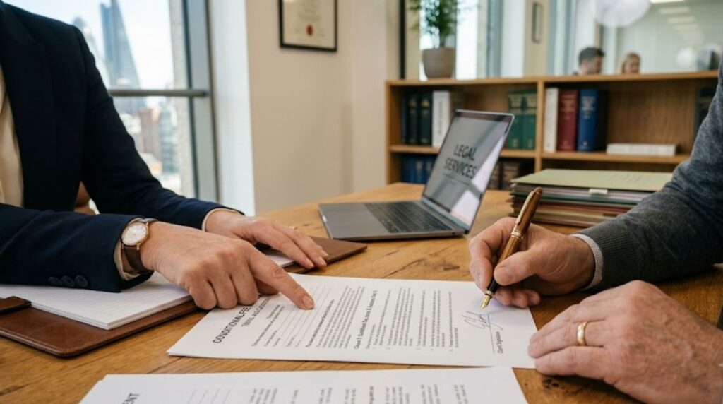 Client signs conditional fee arrangement contract in office.